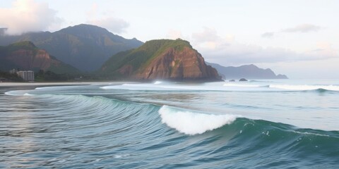 A scenic view of ocean waves crashing on the shore with mountains in the background at dusk or dawn