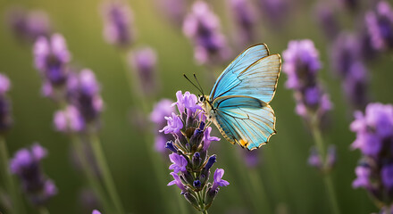 Naklejka premium Blue butterfly perched on lavender flower in vibrant garden scene
