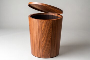 Rustic wooden cylinder container with open lid on a neutral background