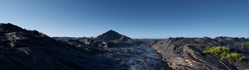 Aerial 360° lava flow panorama of volcano island