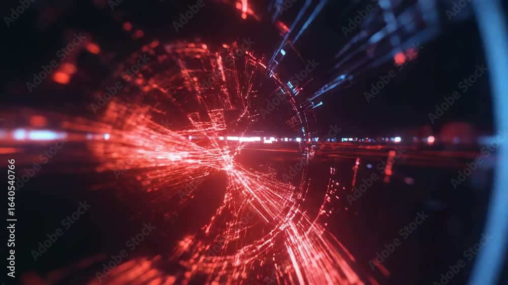 Wall mural red and blue glowing futuristic technological tunnel effect creating a time vortex