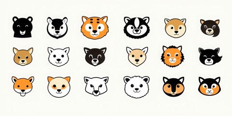 Fototapeta premium Collection of twenty cartoon animal faces with different colors and expressions on a white background