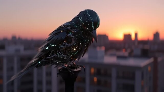 Futuristic Cybernetic Bird Sitting on Rooftop at Sunset with Glowing Tech Details