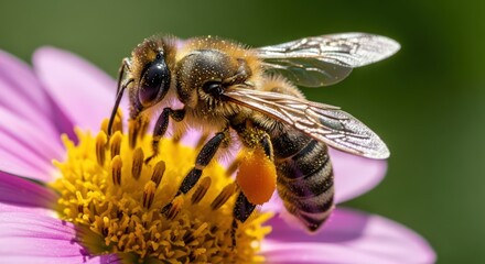 Fototapeta premium Detailed macro of a honey bee collecting pollen from a pink flower, illustrating pollination