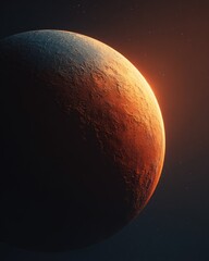 Close-up of a rust-colored planet, bathed in warm light