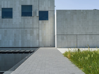 empty brick floor with modern building
