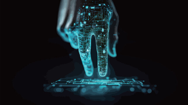 A hand is pointing at a screen with a blue background. Concept of technology and innovation, as the hand is interacting with a digital device. The blue color scheme adds to the futuristic