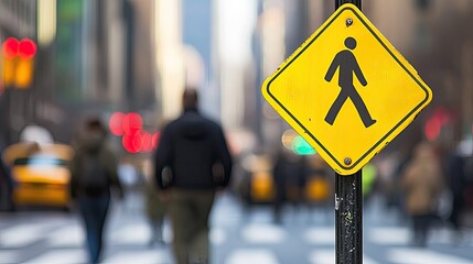 Yellow pedestrian sign in city street
