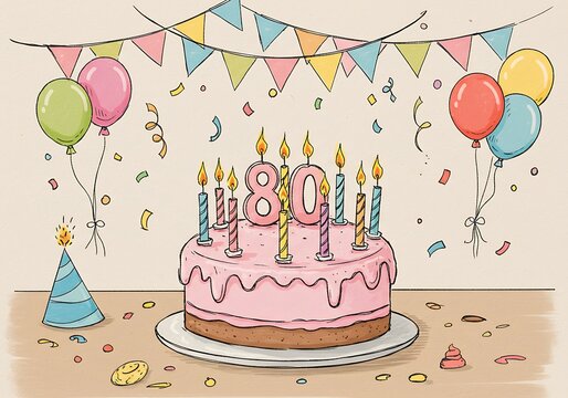 Pink 80th birthday cake with balloons and bunting