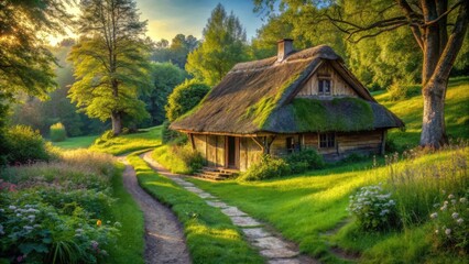 Fototapeta premium A Picturesque Thatched-Roof Cottage Nestled Amidst Lush Greenery and a Winding Path at Sunrise