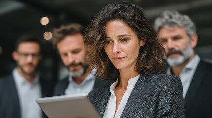 A professional woman uses a tablet while being observed by colleagues, showcasing a collaborative work environment.