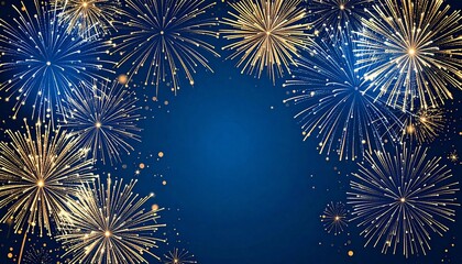 Naklejka premium New Year abstract background and blue and gold fireworks and holiday celebration. Space for copy.