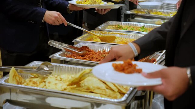 Close up view of Guests enjoying the catering buffet with variety of dishes at venue on event. Above view