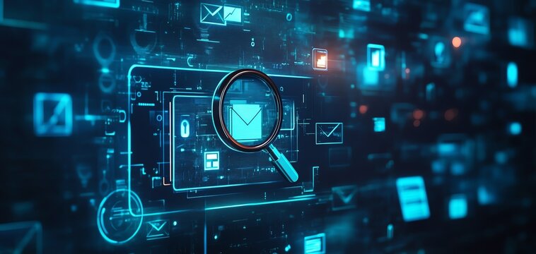 Digital communication concept with magnifying glass.
