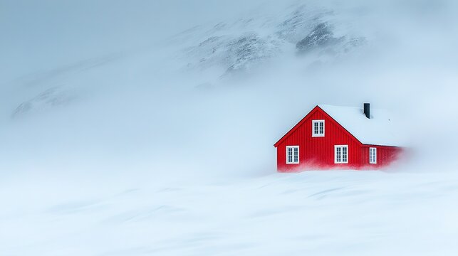 Red house stands in a snowy landscape with mountains in the background.