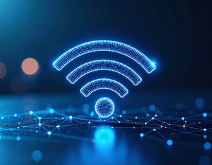 Glowing digital wifi symbol over network mesh