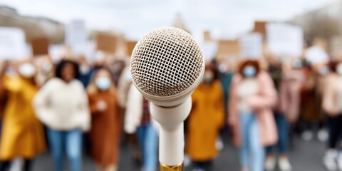 Professional Outdoor Protest Microphone Focus with Blurred Crowd Authentic Social Movement Image for Activism Marketing and Public Speaking Campaigns