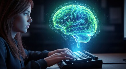 A woman typing a keyboard with an ai brain hologram, representing artificial intelligence, machine learning, and digital technology for innovation and future concepts