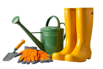 Gardening tools including a green watering can, orange gloves, trowel, and yellow boots, isolated on transparent background