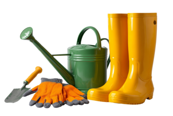 Gardening tools including a green watering can, orange gloves, trowel, and yellow boots, isolated on transparent background
