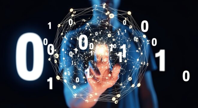 Digital Connection: Abstract Representation of Binary Code with Man Interacting with Futuristic Data Network
