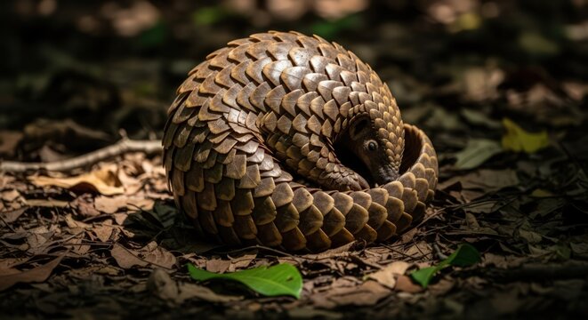 Vulnerable Pangolin Curled Up on Forest Floor, Scales Detail, Wildlife Conservation