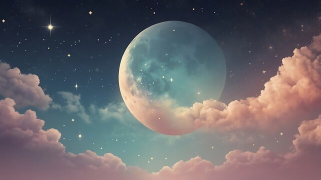 Mystical celestial skyscape featuring a large, glowing moon surrounded by soft pastel clouds and shimmering stars in a twilight sky.