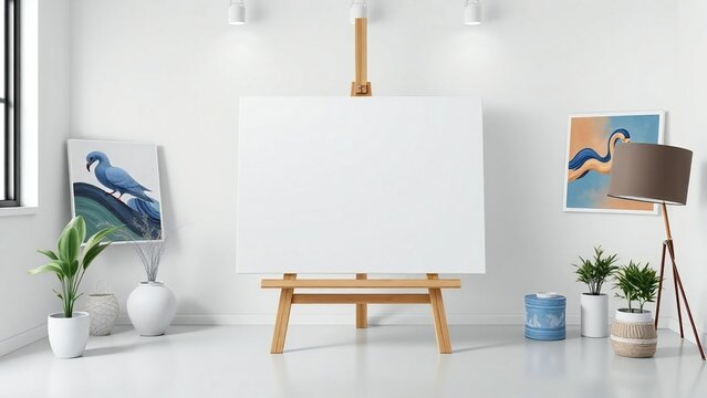 Minimalist art studio with blank canvas and decorative elements - Powered by Adobe