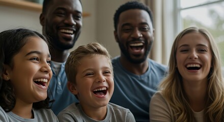 Obraz premium Two Fathers and Their Children Sharing a Humorous and Fun Moment