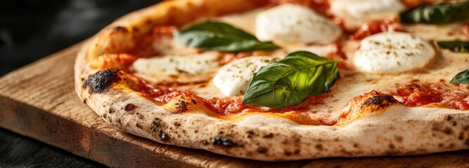Wood-fired Neapolitan pizza with charred crust and fresh basil served on wooden board for an authentic experience