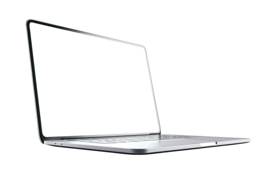 Modern laptop computer open with blank screen isolated on transparent background