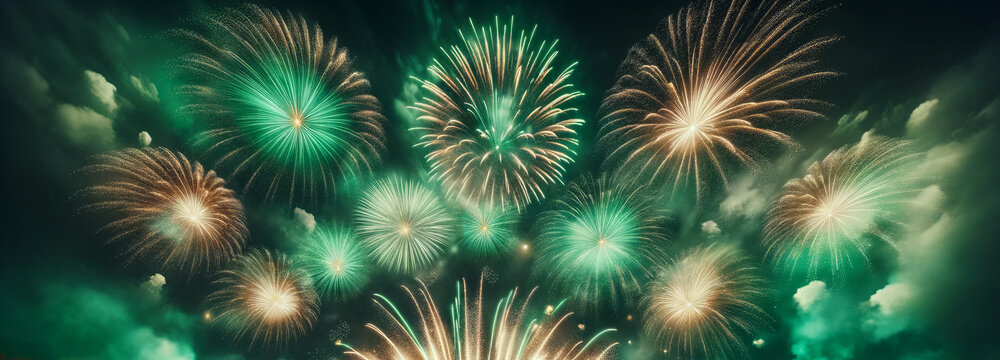 St. Patrick’s Day fireworks—shamrock bursts in green and gold over a night crowd. Vibrant festival backdrop, high-res, panoramic, copy space; perfect for event posters, banners, web headers and ads.

