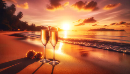 Romantic beach sunset with two champagne flutes, golden hour reflections, soft waves, copy space. Perfect hero image for Valentine’s Day, wedding invites, honeymoon ads, banners, social, web promos!!!