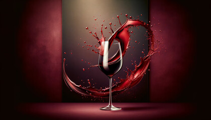 Luxury red wine splash on burgundy backdrop—dynamic motion, high contrast studio lighting, copy space. Perfect hero image for premium beverage branding, posters, banners, menus, bar promo, social ads.