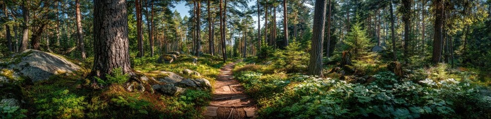 Lush forest path amidst towering trees