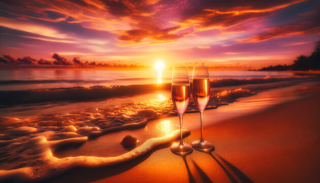 Romantic beach sunset with two champagne flutes, golden hour reflections, soft waves, copy space. Perfect hero image for Valentine’s Day, wedding invites, honeymoon ads, banners, social, web promos!!!