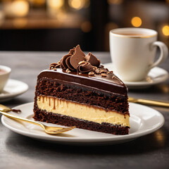 Indulgent chocolate cake slice with creamy filling and coffee