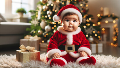 Baby in Santa costume by Christmas tree with warm bokeh and gifts. Holiday ads, greeting cards, banners, and social media & web. Cozy festive vibe, hi-res, copy space for headline.