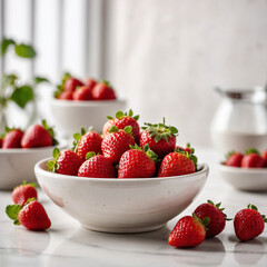 Fresh ripe strawberries piled high in bowls, a healthy summer delight