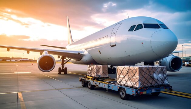 Cargo plane on tarmac at sunset, being loaded with strapped packages on a cart