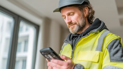 A construction worker in a safety vest checks his phone, focused and engaged in communication at a work site.