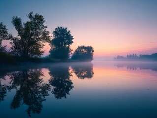 Tranquil misty lake at dawn reflecting silhouette trees in still water with vibrant sky gradients