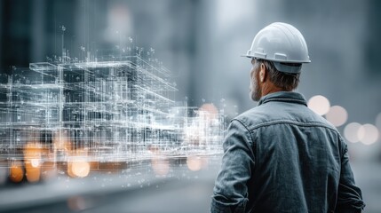 A construction worker in a hard hat gazes at a digital building blueprint overlaying a cityscape, symbolizing innovation in architecture and technology.