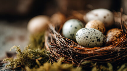 Obraz premium Close up of speckled eggs nestled in a bird's nest surrounded by green moss