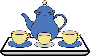 elegant teapot beside ceramic cups on tray on transparent background