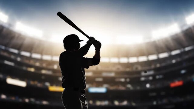 Baseball Player Silhouette Home Run - A powerful silhouette of a baseball batter connecting with the ball, captured from a dynamic low-angle perspective against a blurred stadium background.