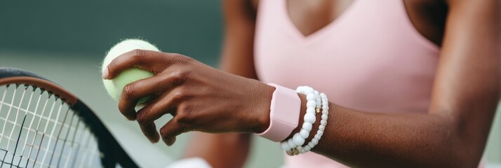 Professional female tennis player serving on court wearing sporty bracelet modern authentic athletic focus for premium sports marketing content