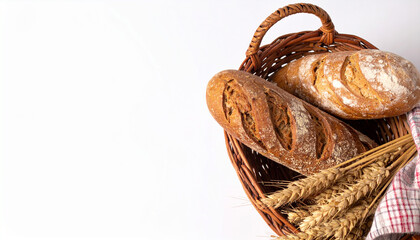 Freshly baked artisan bread in a woven basket with wheat stalks offers rustic charm and culinary delight