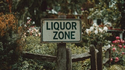 Vintage Liquor Zone Signage with Rustic Fence and Lush Greenery Background - Alcohol Concept