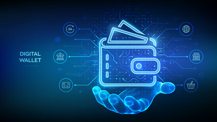Digital wallet icon in wireframe hand. E-wallet. Online payment by digital wallet. Online banking service application. Mobile banking, money transaction, e-commerce. Vector illustration.